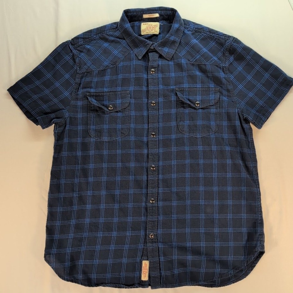 Lucky Brand Mens L Slim Fit Blue Plaid Short Sleeve Western Shirt